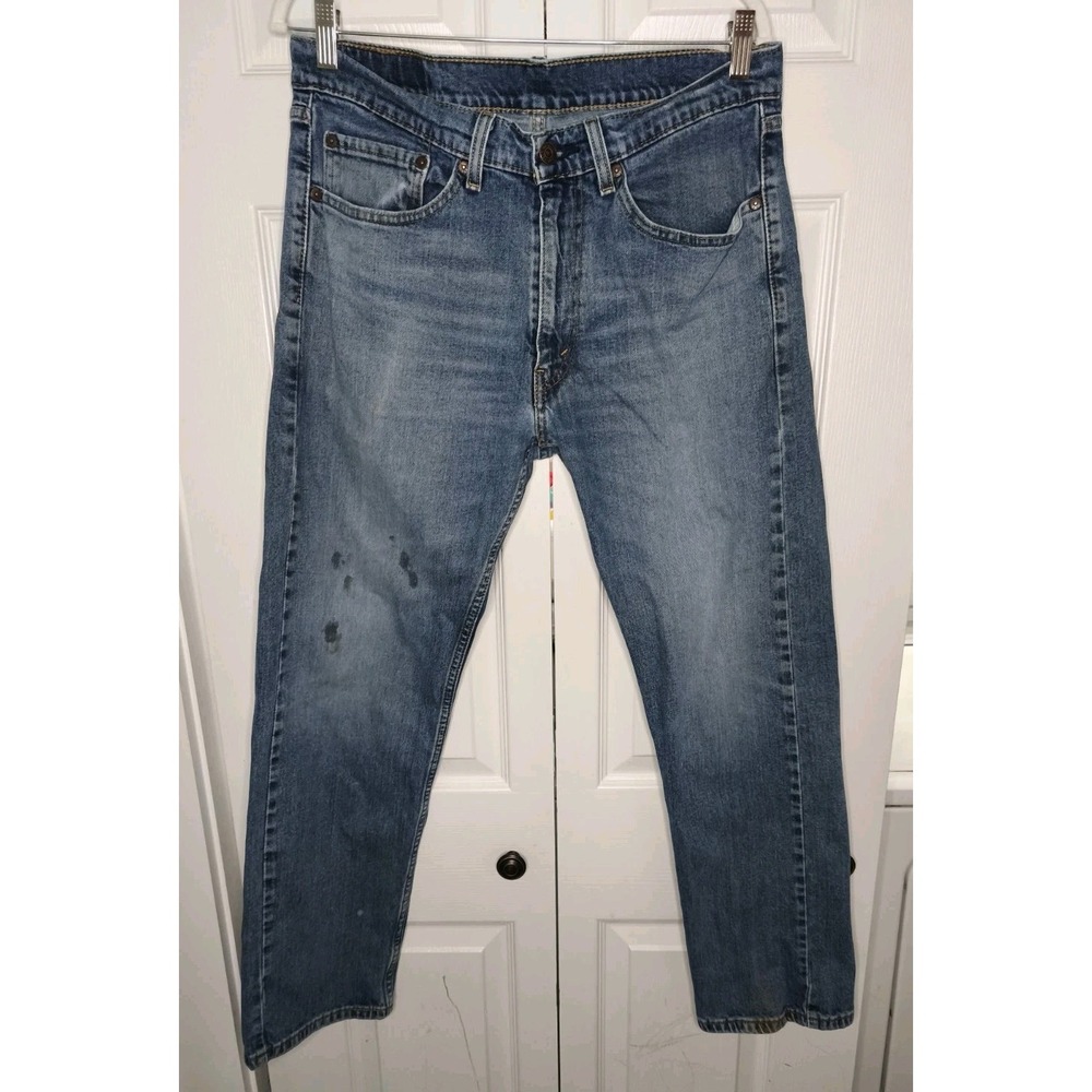 Levis 505 Jeans Mens 34x30 Blue Denim Straight Leg Light Wash Distressed Zip Fly
